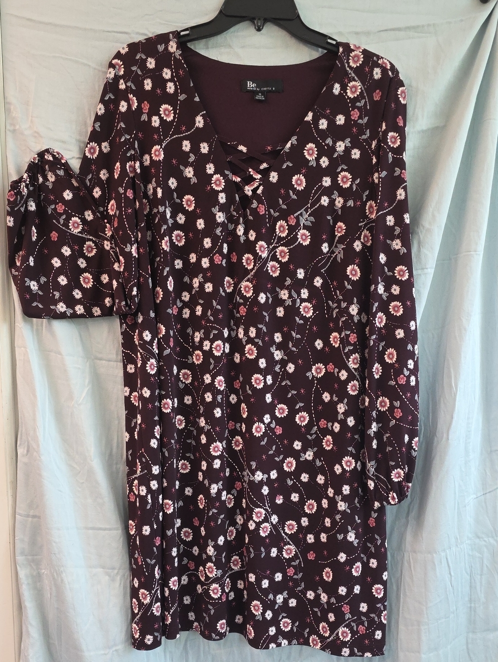 Chetta B Size 16 Plum Floral Mini Dress Lace-Up V-Neck Long Sleeve